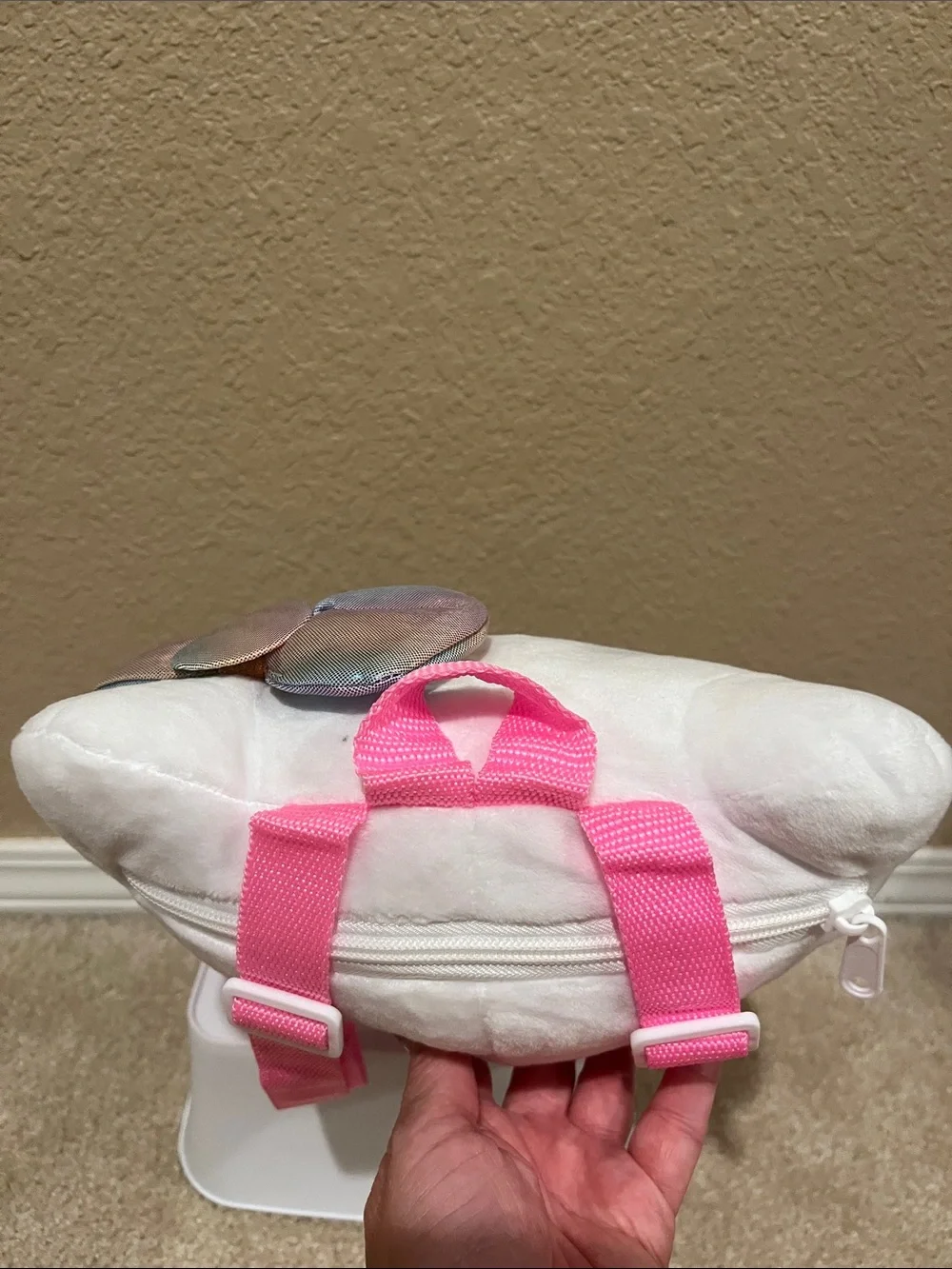 Hello Kitty Plush Backpack - White with Iridescent Rainbow Bow and Overalls